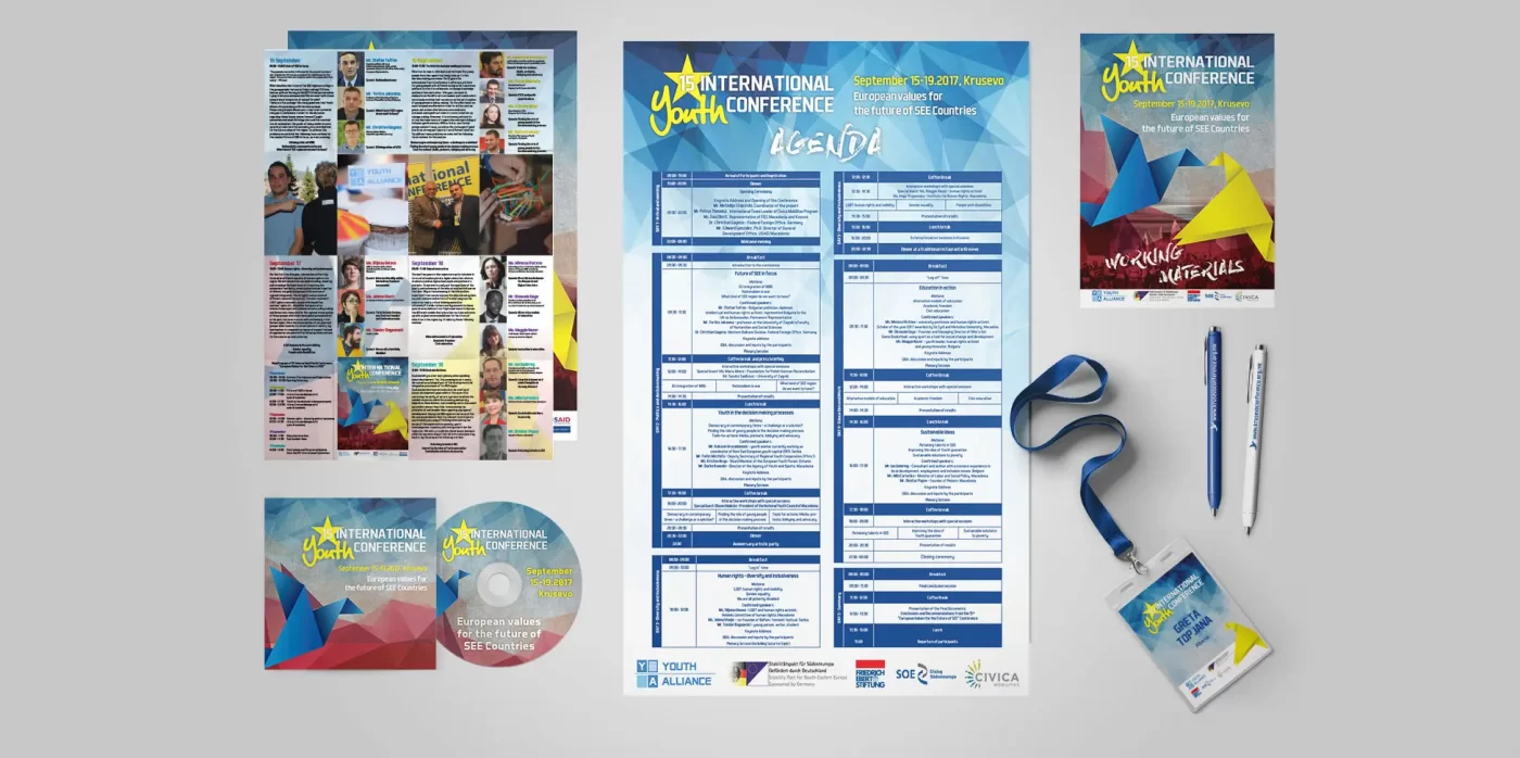 Promotional materials for the 15th International Youth Conference, includes agenda, posters, CD, pens, and lanyard.