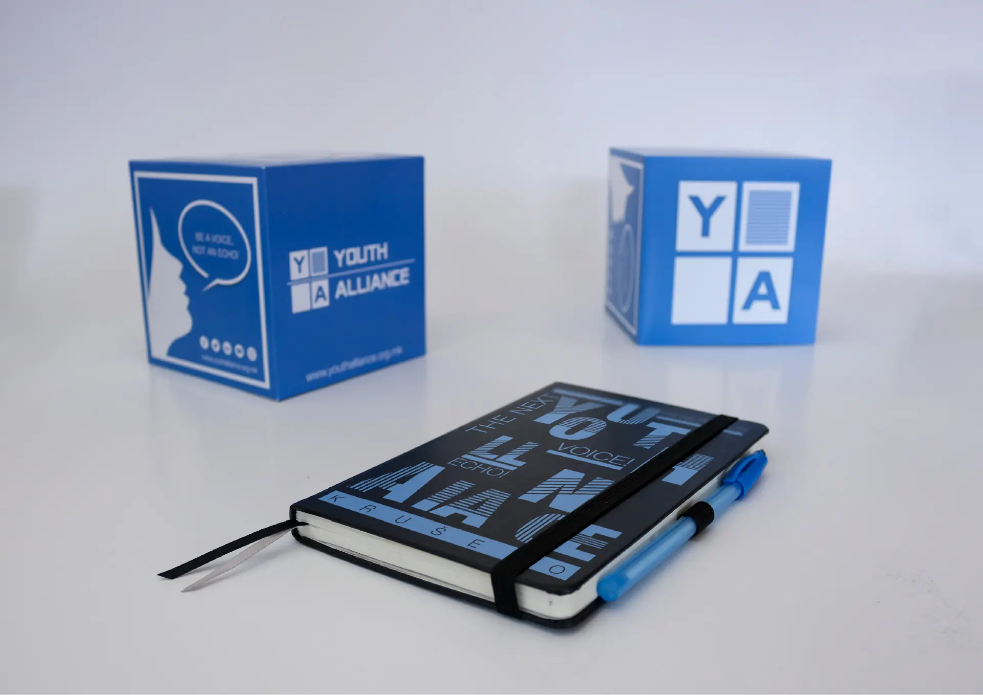 Branded items including a notebook and two cubes with "Youth Alliance" logos on a white background.