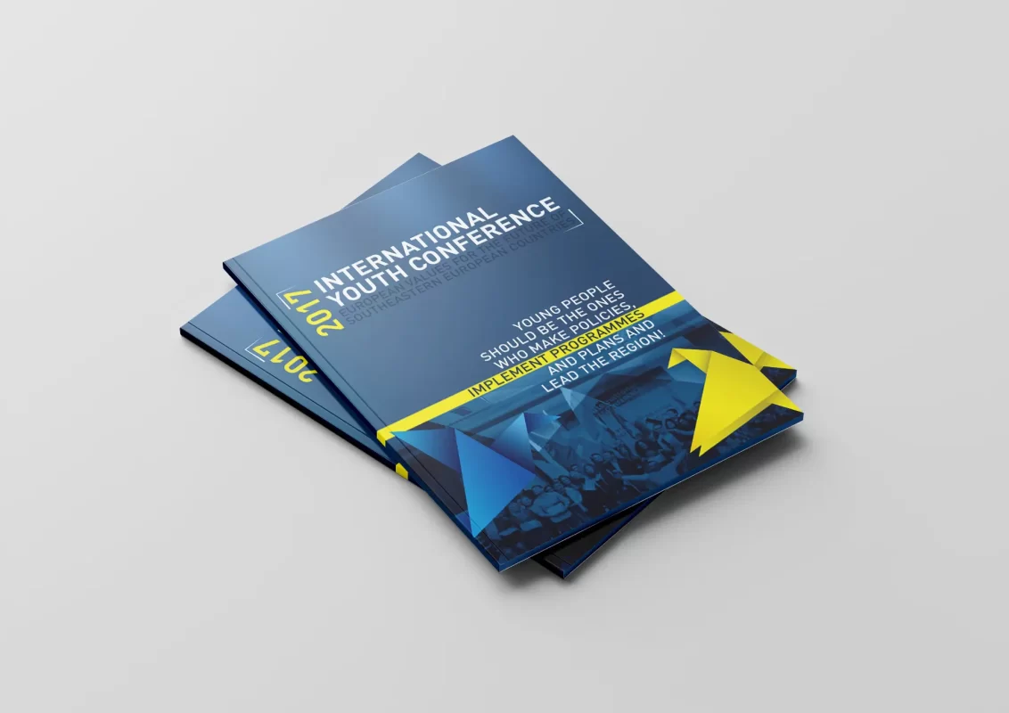 Brochures for an International Youth Conference with blue and yellow design elements.