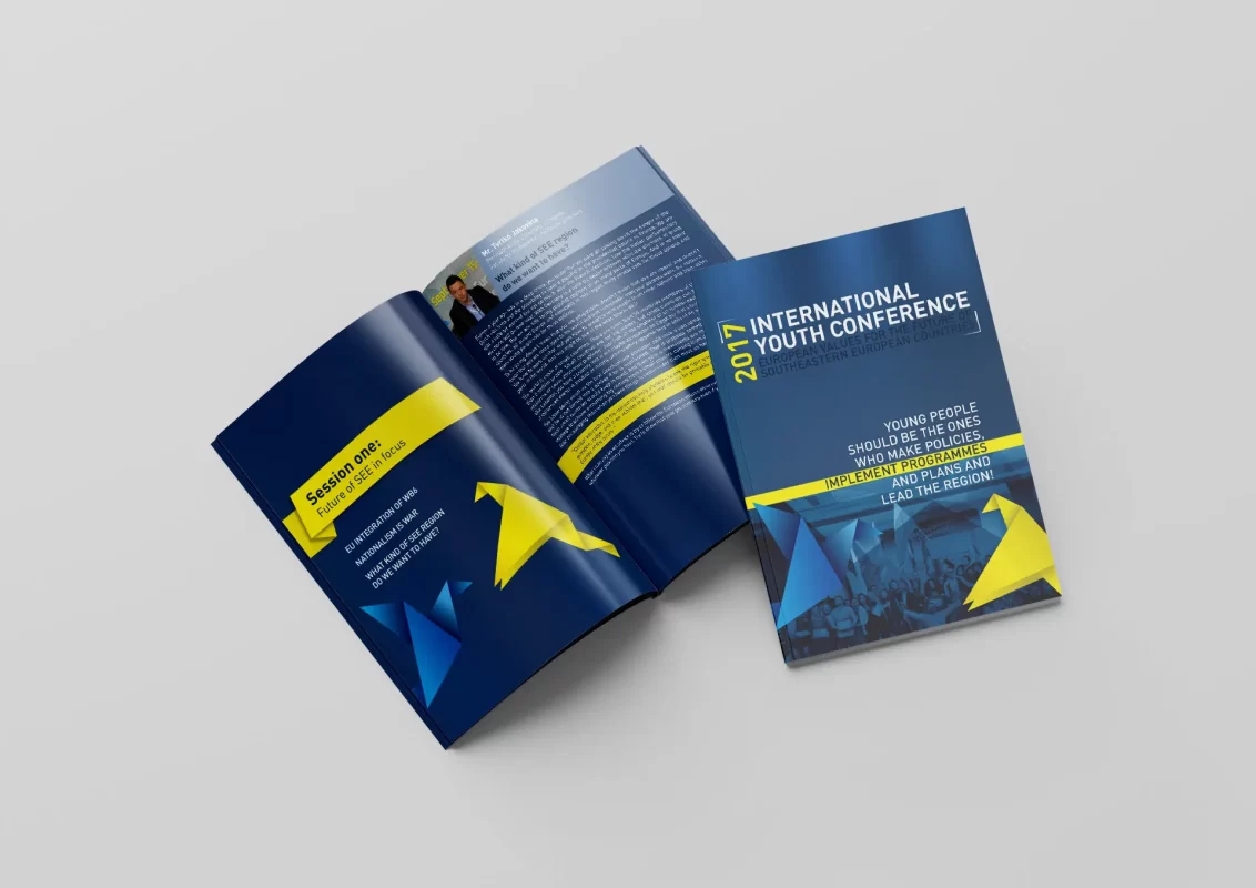 Brochures for an International Youth Conference with blue and yellow design elements.