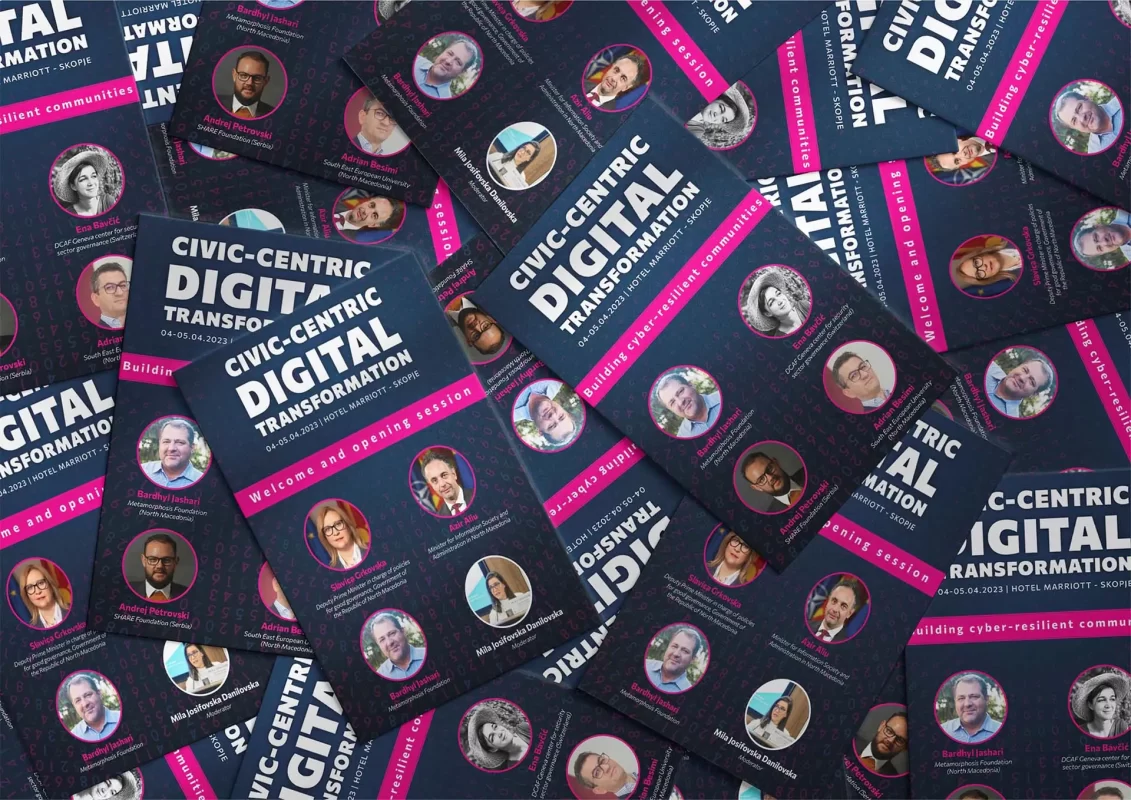 Scattered brochures for a digital transformation event with text and faces.