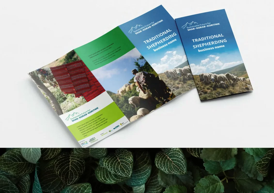 Brochures on traditional shepherding with scenic imagery on a background of leafy plants.