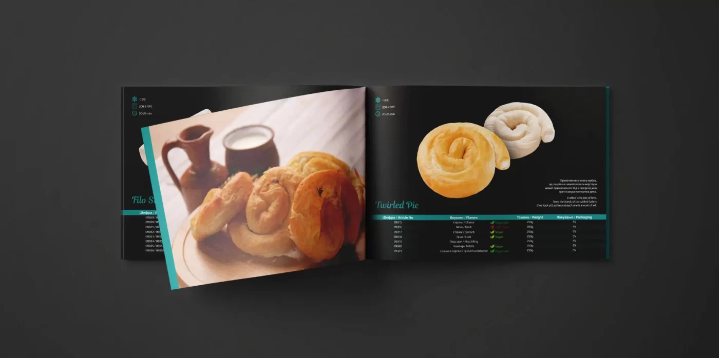 Open catalogue featuring baked goods with images and descriptions on a dark background.