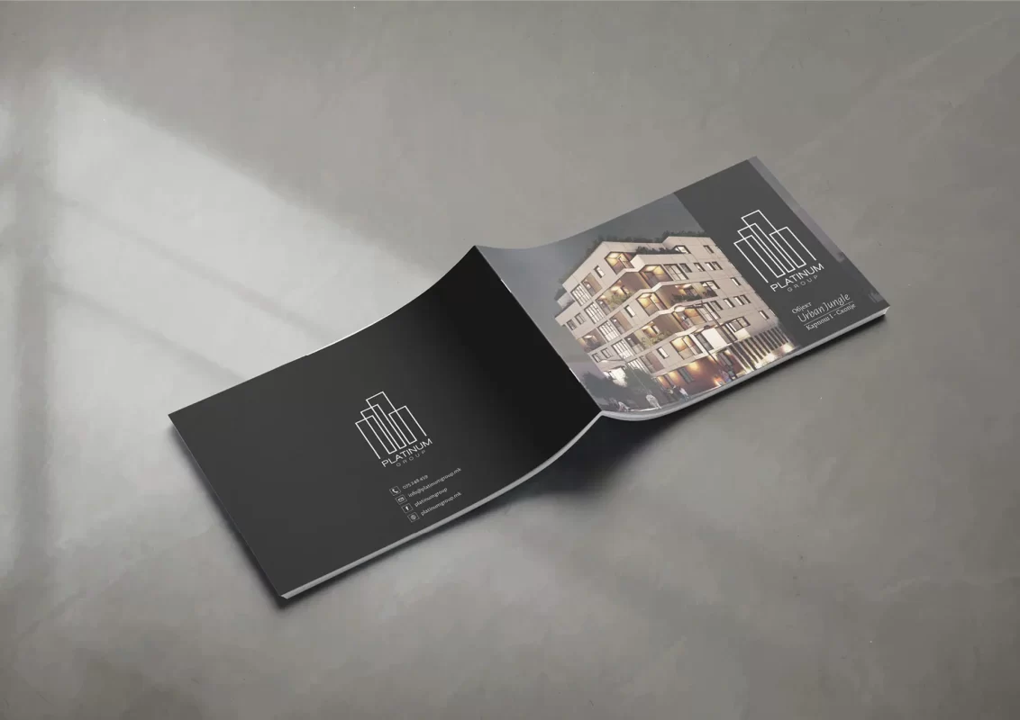 Open brochure on a gray background featuring a building image with the text "Platinum Urban Life."