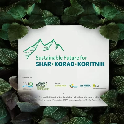 A poster about a sustainable future for Shar-Korab-Koritnik surrounded by green leaves.