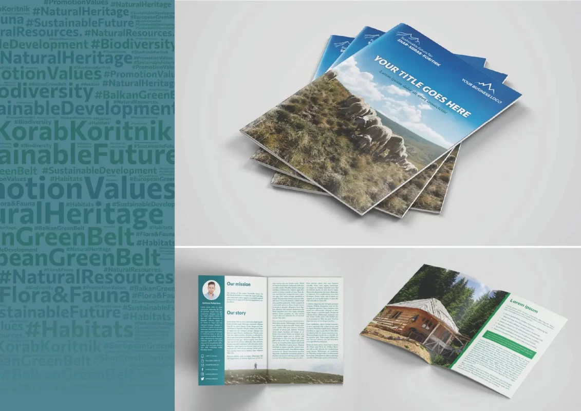 Stack of brochures with a nature cover design and open pages showing content and images.