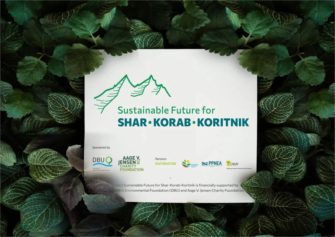 A poster titled 'Sustainable Future for SHAR•KORAB•KORITNIK' surrounded by green leaves.