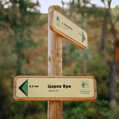 Wooden trail signposts in Osogovo with directional information and distances in a forest setting.