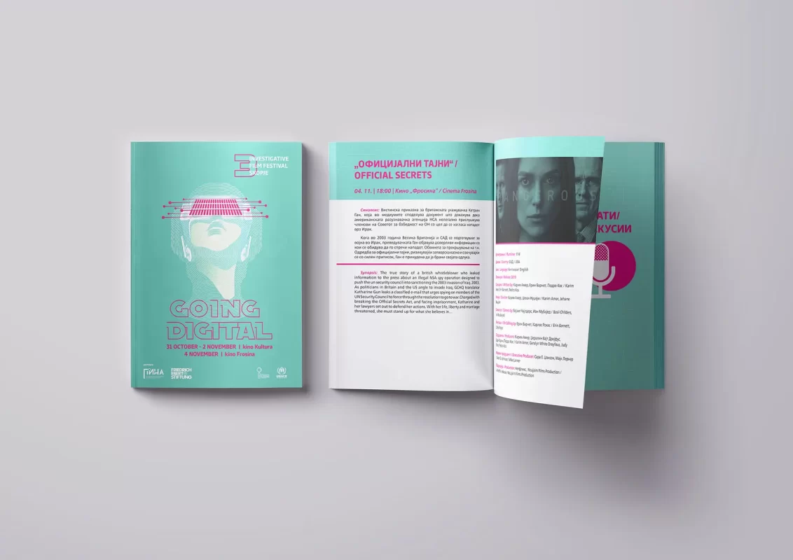 A brochure with graphic design, text content, and a cyan color scheme.