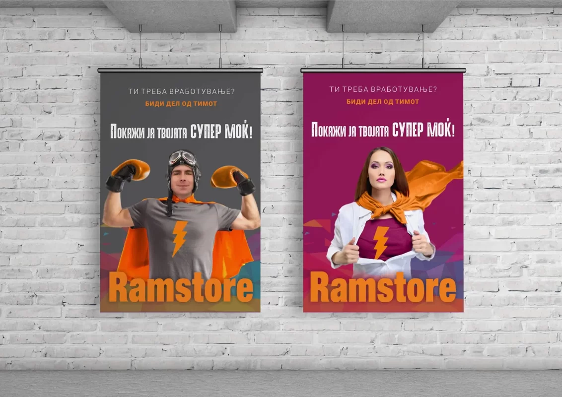 Two promotional posters on a brick wall featuring superhero-themed ads for Ramstore.