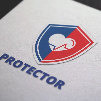 Logo with a heart and pulse signal inside a shield, text "PROTECTOR" below.