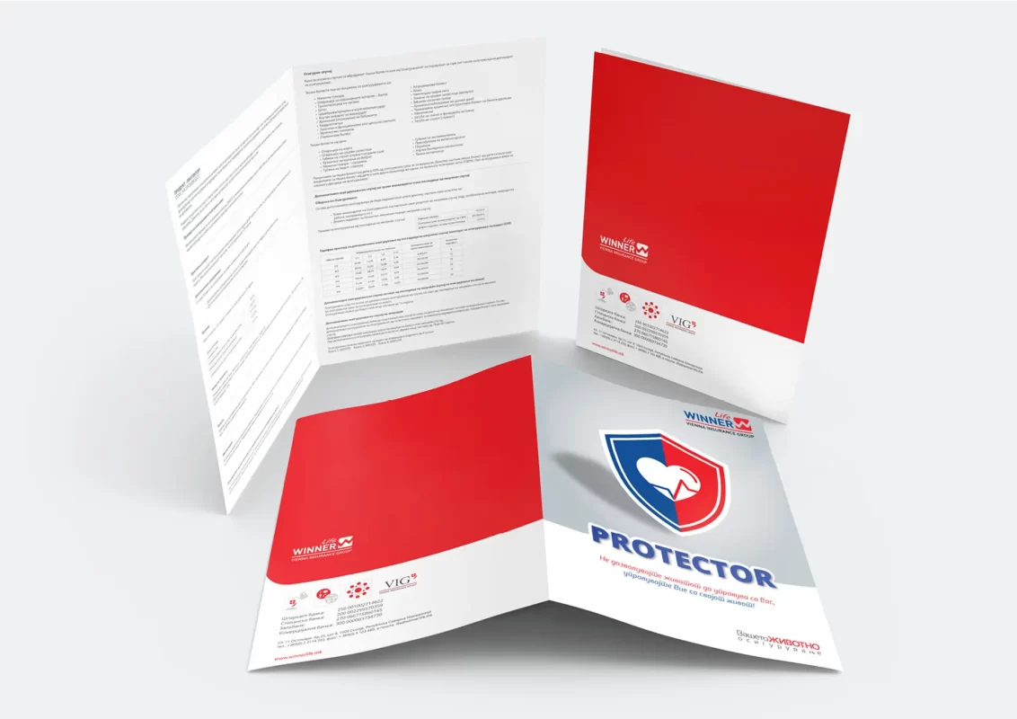 Three open folders with red and white design elements, displaying text and logos.