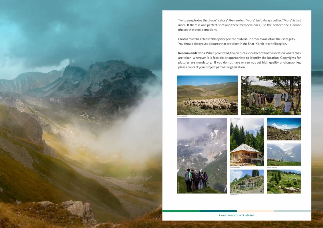 A layout of a communication guideline document with mountain scenery and smaller inset photos of outdoor landscapes.