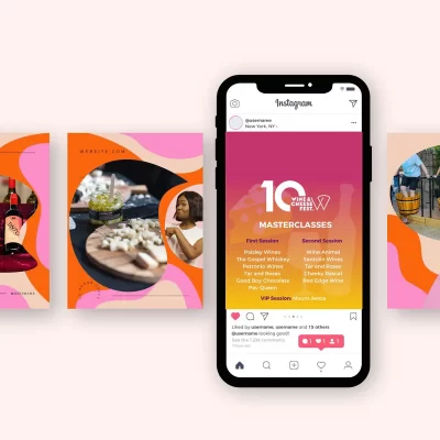 Smartphone displaying an Instagram post about a wine and cheese festival masterclasses schedule.