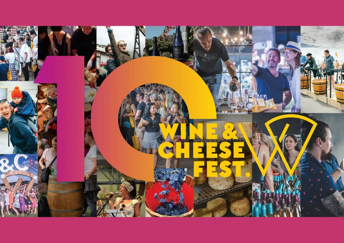 Collage of wine and cheese festival activities with large "10" and event title overlay.