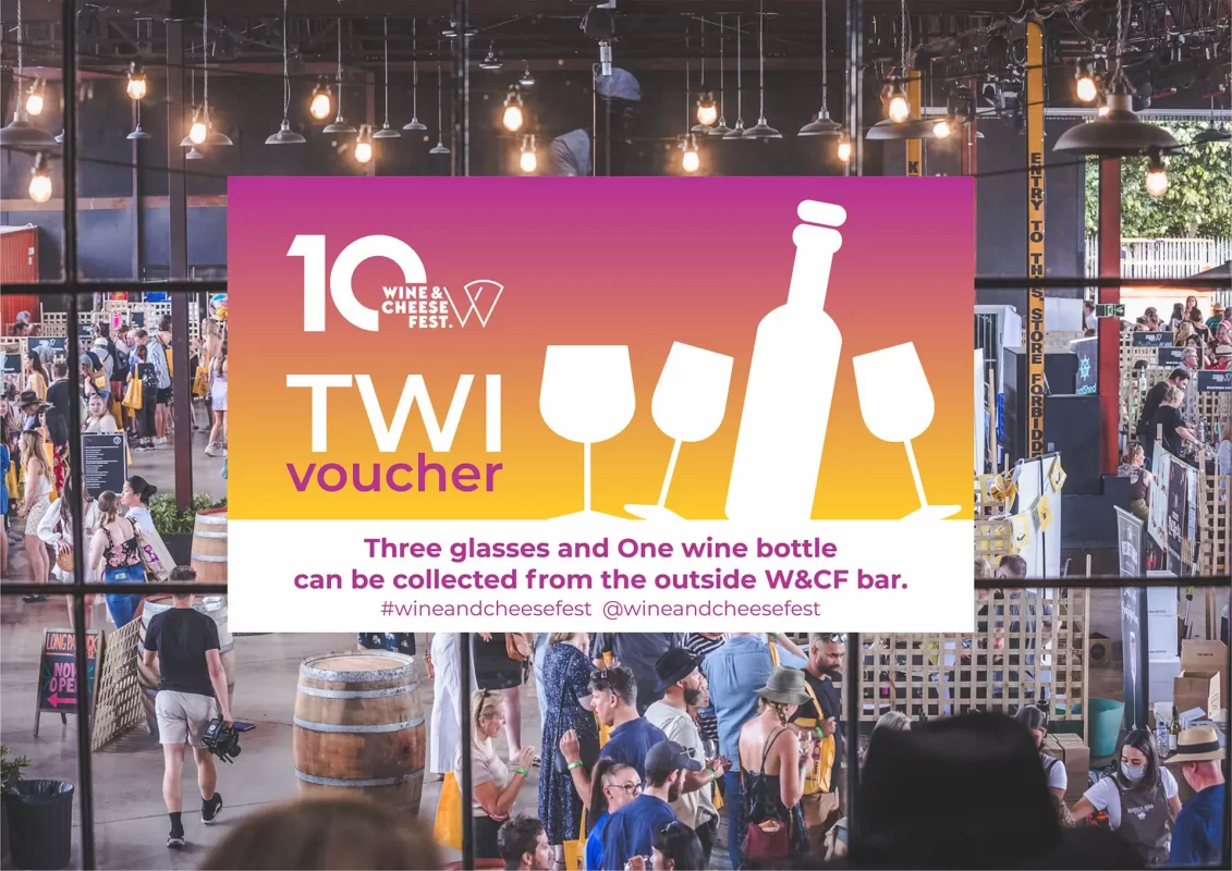 Promotional sign for wine & cheese fest with wine bottle and glasses graphic, and people in a busy market hall.