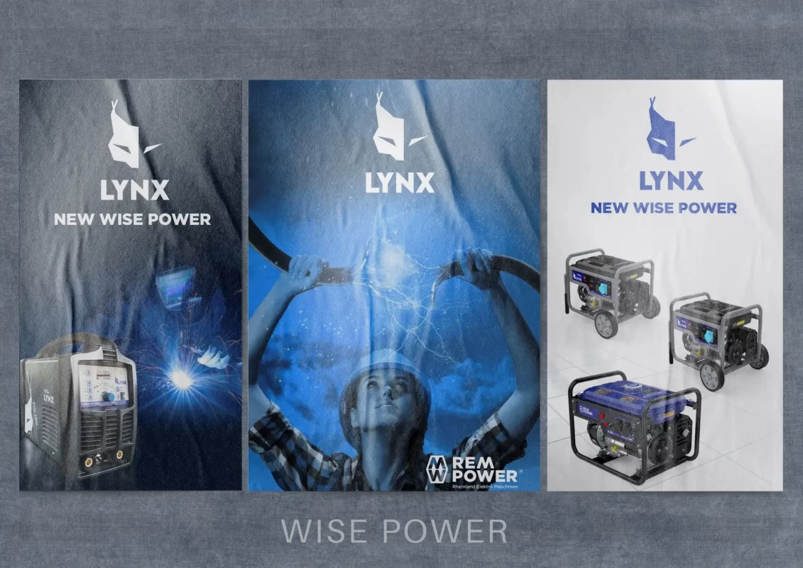 Three panels showcasing LYNX power equipment with promotional branding "NEW WISE POWER."